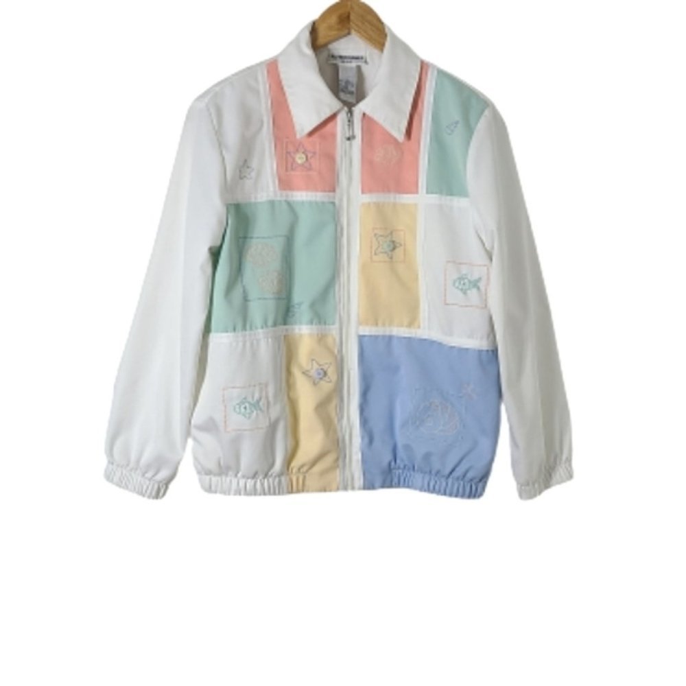 Vintage Alfred Dunner Zip-Up Beach/Ocean Patchwork Bomber Jacket Women's Size 6P